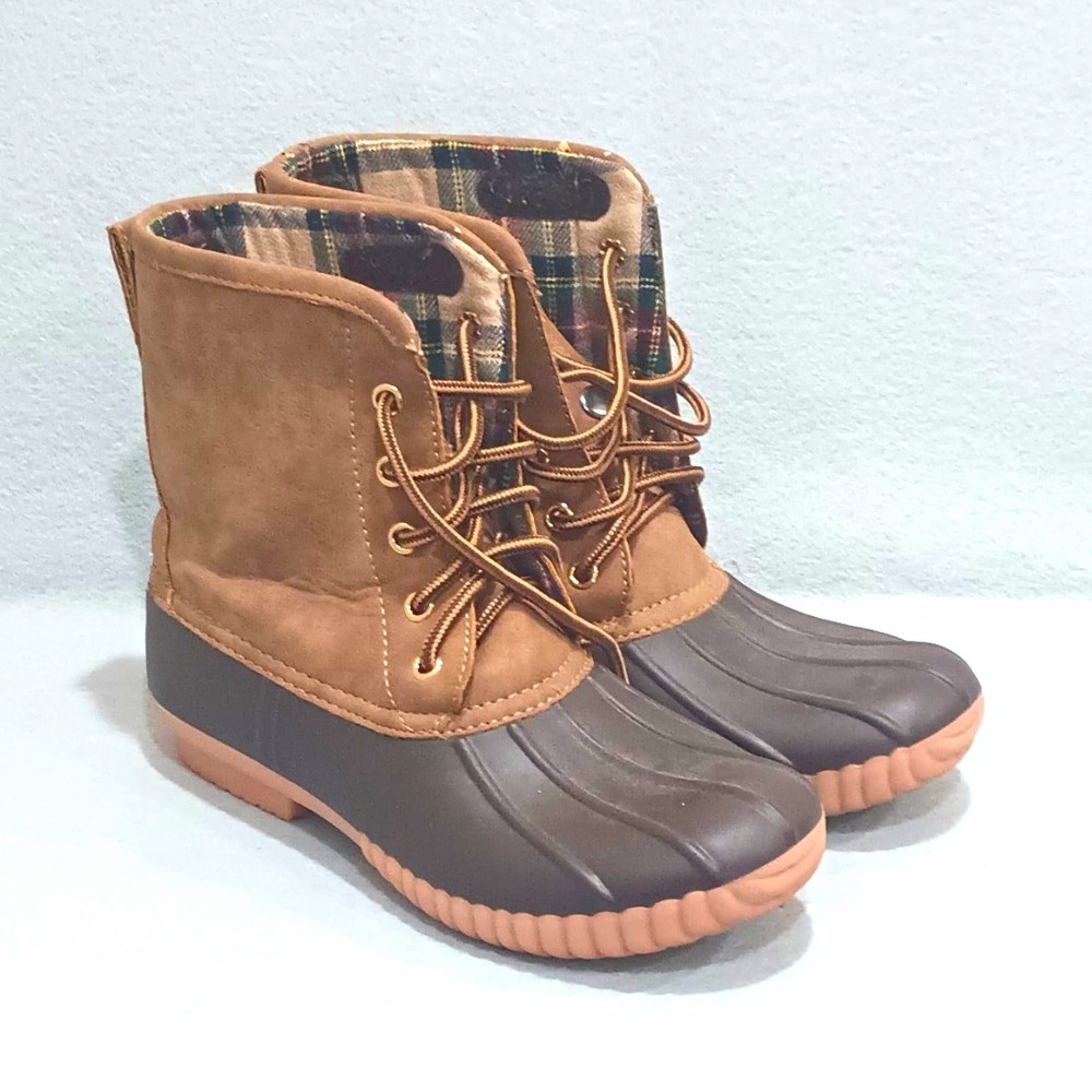 Marley Lilly Women’s Duck Boots, Lace-Up Monogram Plaid Lined Brown/Black, 7